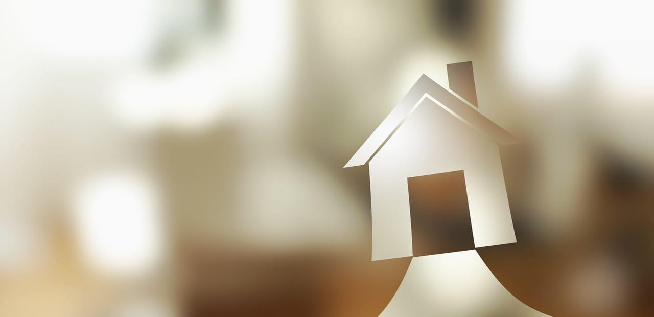 Graphic of a house against a background of colored light