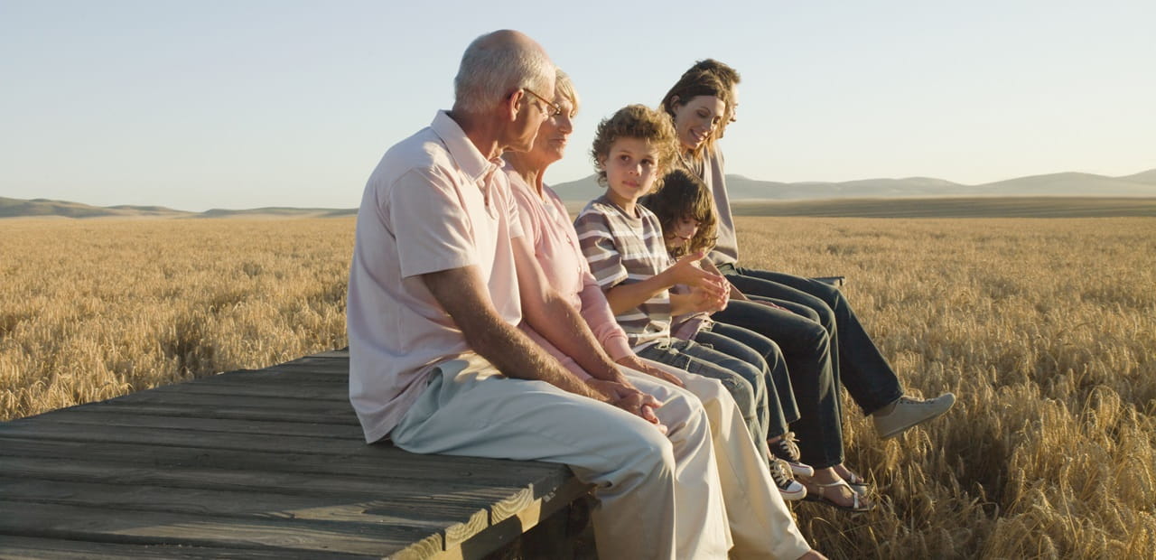 Multigenerational family sitting on a wooden platform at the edge of a golden wheat field, with mountains visible in the distance under a clear sky.