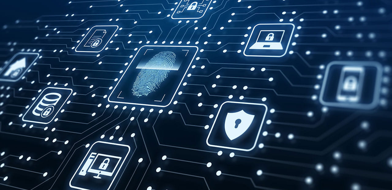 Digital circuit board with glowing icons of a fingerprint, padlocks, and a shield representing secure technology.