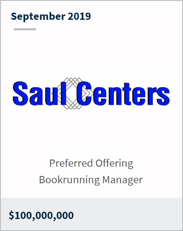 September 2019 Saul Centers $100,000,000 preferred offering bookrunning manager 