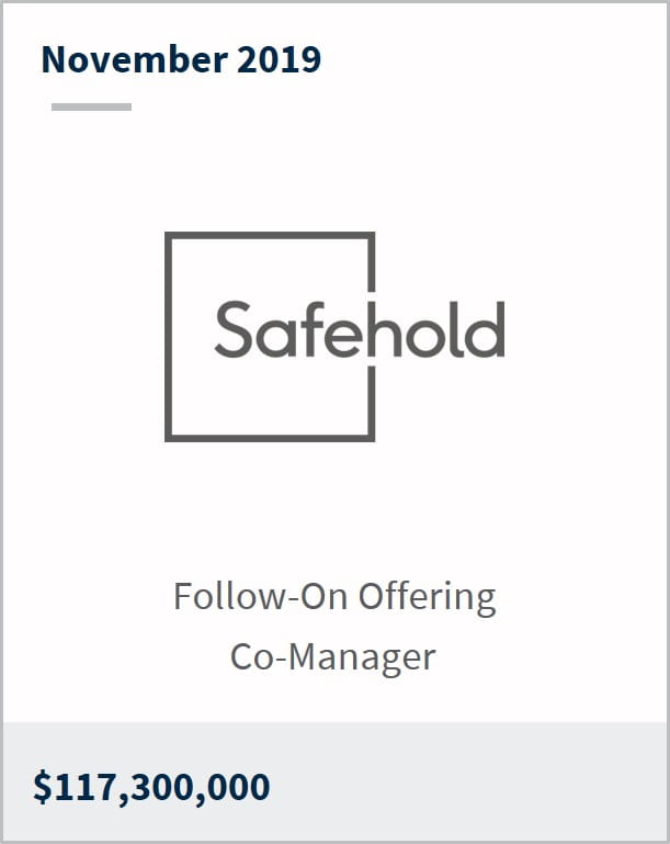 November 2019 Safehold $117,300,000 follow-on offering co-manager 