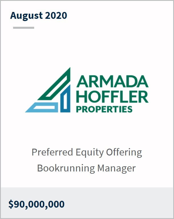 August 2020 Armada Hoffler Properties $90M preferred equity offering bookrunning manager 