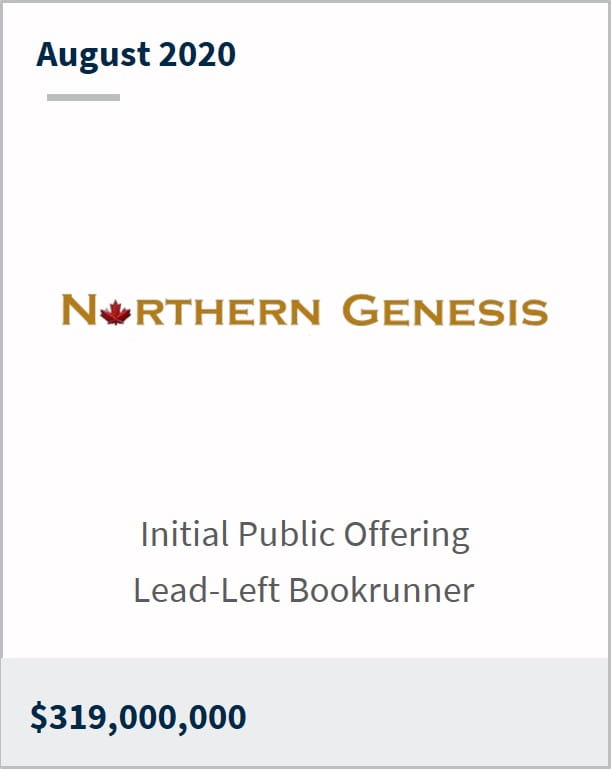 August 2020 Northern Genesis $319,000,000 initial public offering lead-left bookrunner