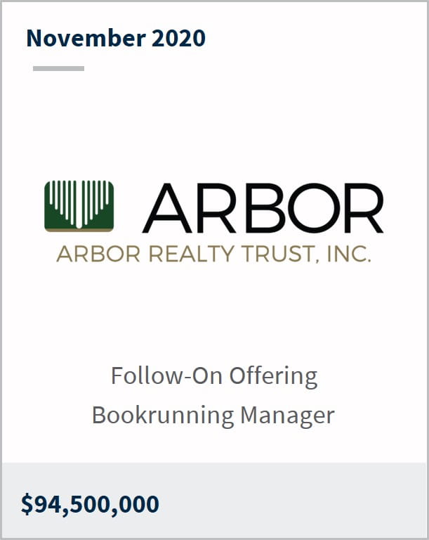 November 2020 Arbor Realty Trust Inc $94,500,000 follow-on offering bookrunning manager