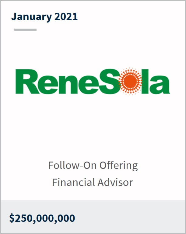 January 2021 ReneSola Power $250,000,000 follow-on offering financial advisor 