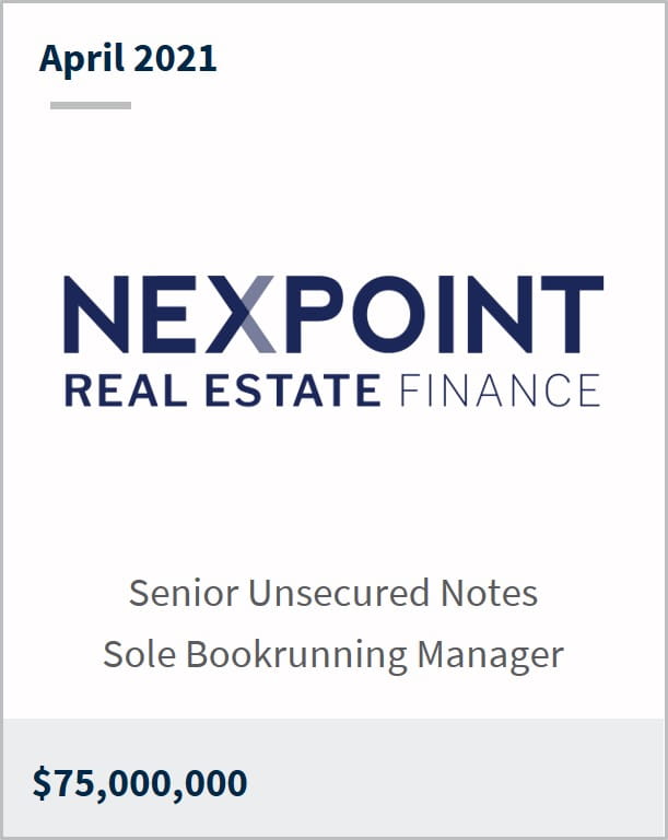 April 2021 NexPoint Real Estate Finance $75,000,000 senior unsecured notes sole bookrunning manager