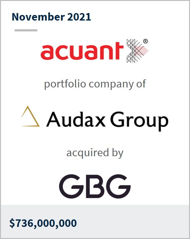November 2021 Acuant a portfolio company of Audax Group has been acquired by GBG %736M