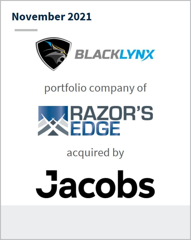 November 2021 BlackLynx a portfolio company of Razor's Edge has been acquired by Jacobs 