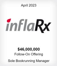 April 2023 InflaRx $46m Follow-On Offering Sole Bookrunning Manager