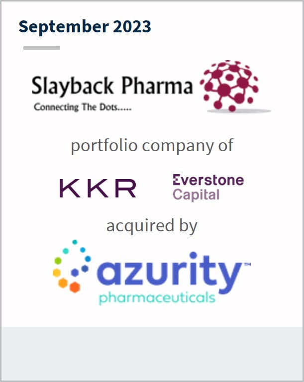 September 2023 Slayback Pharma A portfolio company of KKR Everstone Capital Has been acquired by Azurity Pharmaceuticals