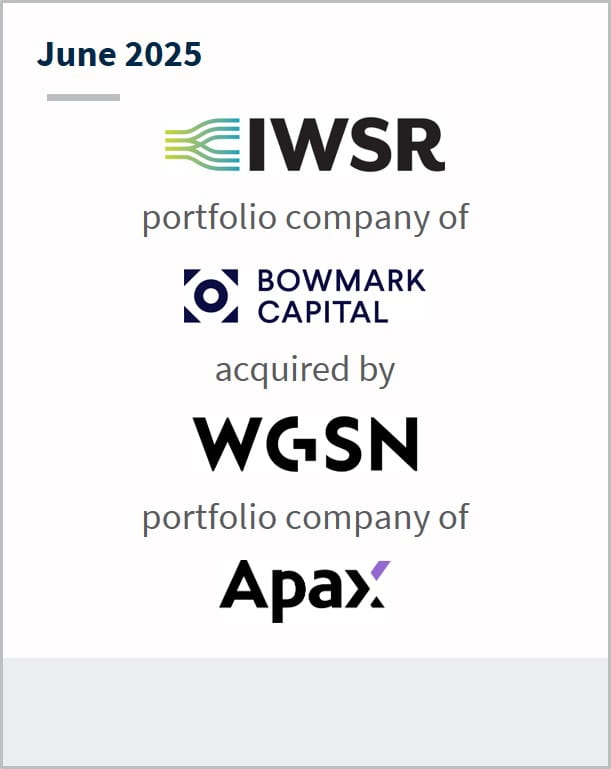 June 2025 IWSR portfolio company of Bowmark Capital acquired by WGSN portfolio company of Apax