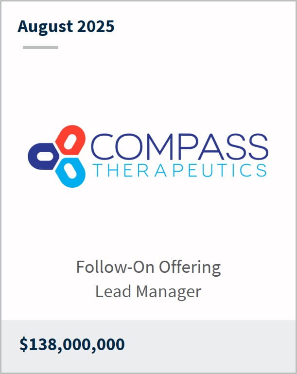 August 2025 Compass Therapeutics Follow-On Offering Lead Manager $138,000,000