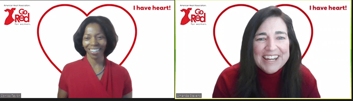 Corliss Taylor and Amanda Stevens wearing red and smiling over Zoom